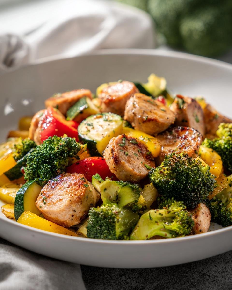 High Protein One Pot Chicken Sausage and Veggie Bake
