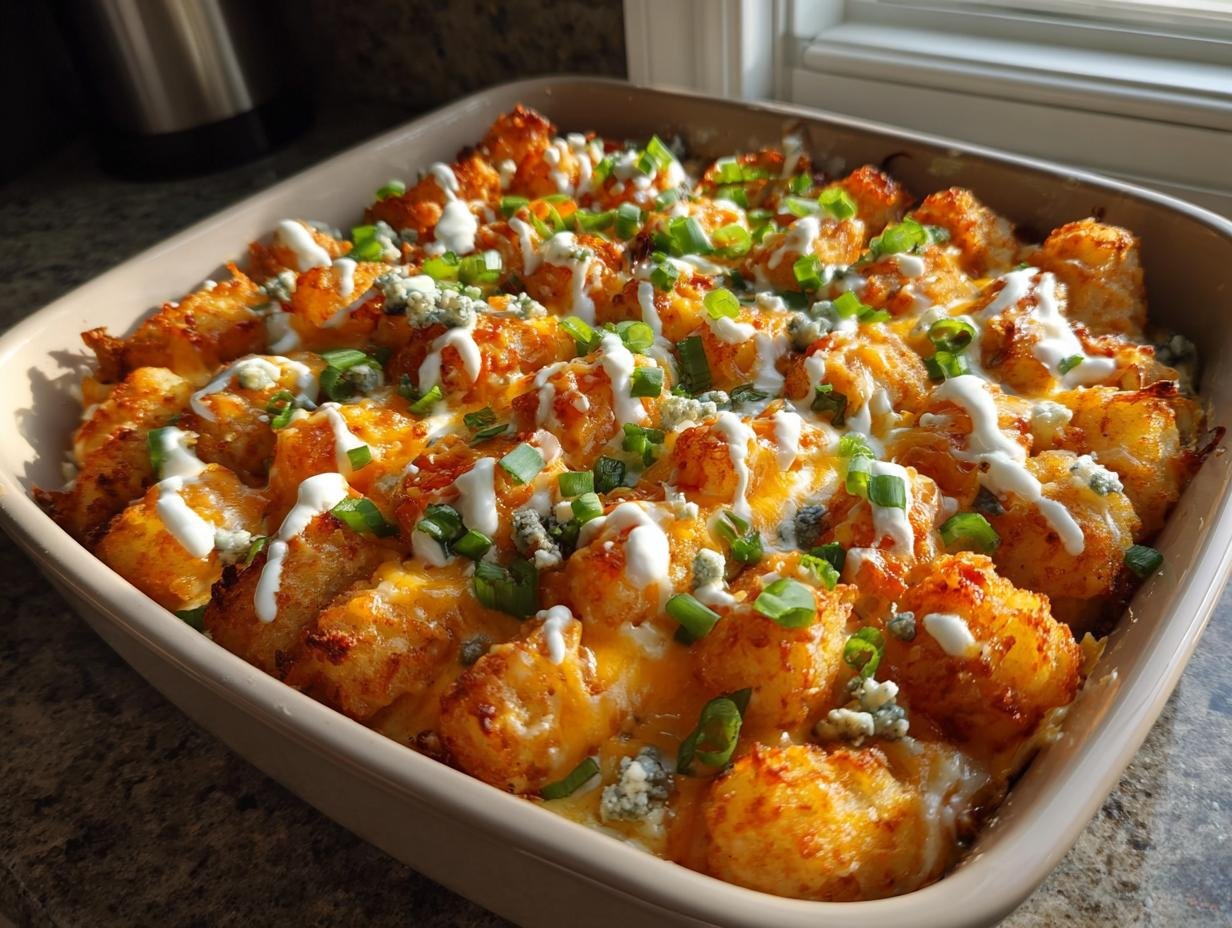Irresistible 3-Layer Dump and Bake Buffalo Chicken Tater Tot Casserole