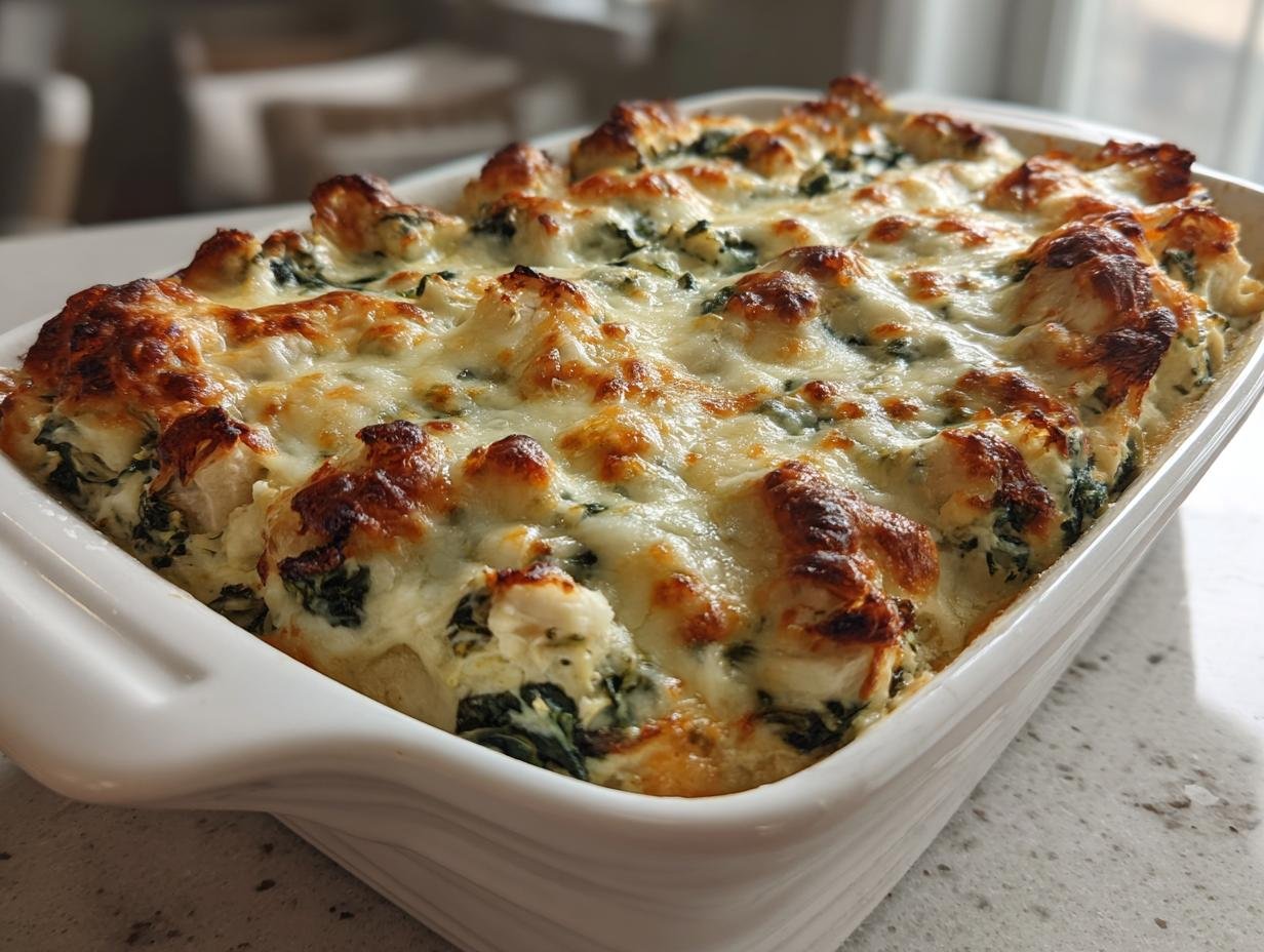 35-Minute Dump and Bake Creamy Spinach Artichoke Chicken Bake Magic